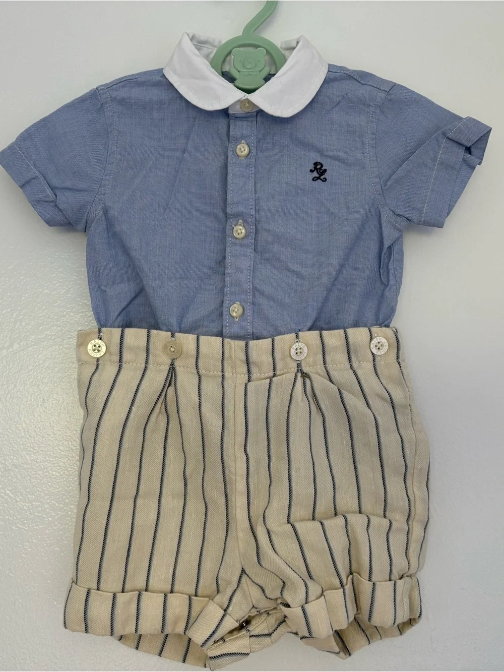 Ralph Lauren Blue Shirt & Cream Striped Shorts Matching Set
